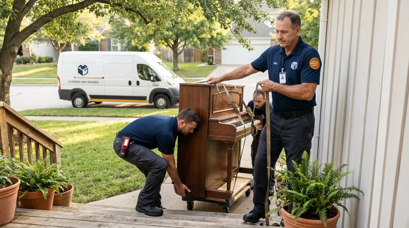 Licensed piano movers securing grand piano in Eagle, WI